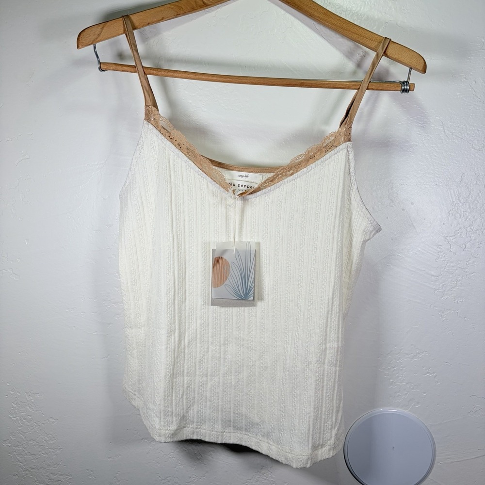 Blu Pepper V-neck Tank Top M Cozy Life Lace Trim Ribbed Spaghetti Straps Y2K 90s